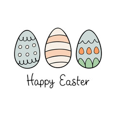 Happy Easter poster with eggs. Set of decorated Easter eggs with pastel colors wishing happy Easter. Vector illustration