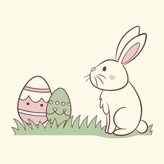 Happy Easter poster with eggs and bunny. Decorated eggs and bunny in pastel colors wishing happy Easter. Vector illustration
