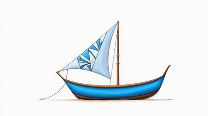 Obraz premium Colorful Wooden Boat with Blue Sail and Abstract Design on a White Background