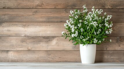 White flowers in vase against wooden wall