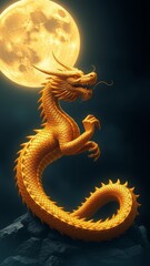 Obraz premium Golden Dragon Under the Full Moon � Majestic Night Background
