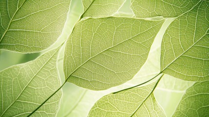 Obraz premium Close-up of translucent green leaves, showcasing intricate vein patterns against a soft, light background.