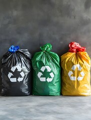Garbage Bags with Recycling Labels Depicting Waste Sorting and Sustainable Practices
