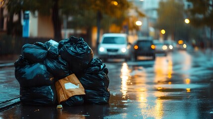 Obraz premium Stacked Garbage Bags on Wet Urban Street After Rainstorm