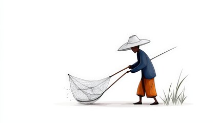 Fototapeta premium Fisherman in Traditional Attire Casting Net by Water Edge at Sunset with Tropical Landscape