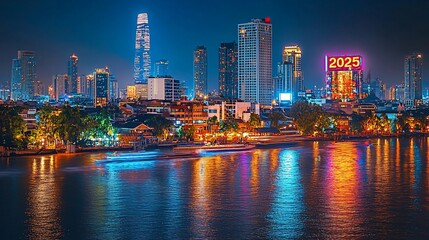 Obraz premium Night cityscape, river, boat, 2025 sign, vibrant lights, tourism