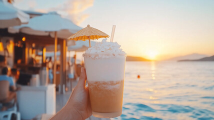 refreshing drink with whipped cream and umbrella, enjoyed by beach at sunset. warm colors of sky reflect on water, creating serene atmosphere