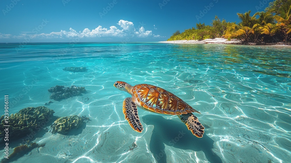 Aufkleber a vibrant sea turtle swims effortlessly in the warm, crystal-clear waters, showcasing its intricate 