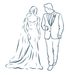Line Art Illustration of Bride and Groom. Vector Graphic.