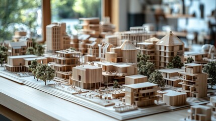 Detailed architectural model showcasing urban development with trees and structures in a bright studio