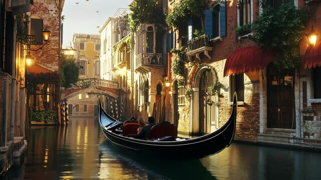 A gondola gliding through a serene canal in Venice, surrounded by charming buildings and illuminated by warm streetlights