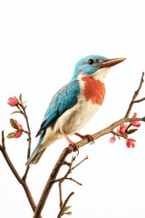 Obraz premium Vibrant Blue Bird Perched Among Pink Flowers.