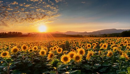 Obraz premium majestic sunrise over a field of blooming sunflowers with golden rays illuminating every petal