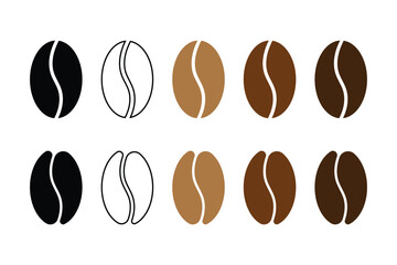 Diverse coffee bean icon set in black and brown tones isolated