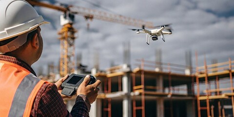 Construction worker using drone for site surveying construction site photo urban environment aerial view technology integration