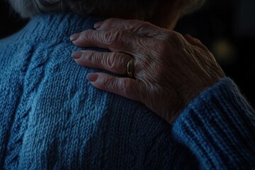 Fototapeta premium A woman wearing a blue sweater is gently holding another woman s shoulder