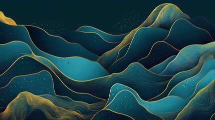 Abstract teal and gold waves landscape.