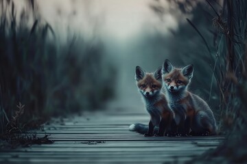 Two adorable fox cubs are happily sitting on a lovely wooden deck