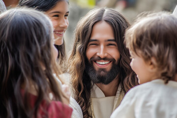 Fototapeta premium A Compassionate Portrait of Jesus Christ Engaging with Children, Sharing His Timeless Message of Love, Hope, and Spiritual Guidance in a Reverent Scene