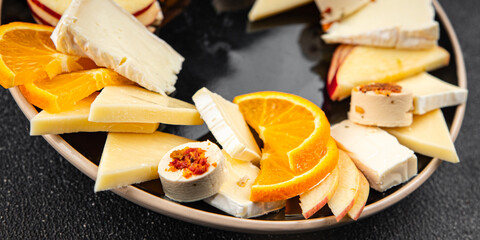 Cheese plate apero hard cheese, soft cheese, fruit fresh tasty dish delicious gourmet food...