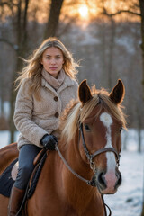 Fototapeta premium Woman in warm winter coat riding brown horse through snowy forest at sunrise