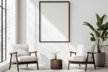 Two Stylish Armchairs with a Prominent Large Frame in a Room with White Walls – A Contemporary Interior Scene that Blends Minimalism with Warm, Inviting Comfort and Sophisticated Decor