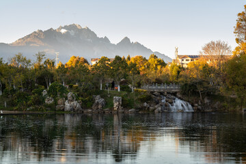 Jade Dragon Snow Mountain and Black Dragon Pool with Suocui Bridge and Moon Embracing Pavilion, Lijiang, Yunnan, China