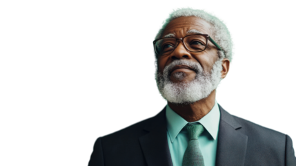 Senior businessman looking up with hope and confidence on transparent background