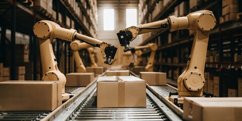 Automated robotic arms sorting and moving packages in a warehouse environment for efficient logistics operations