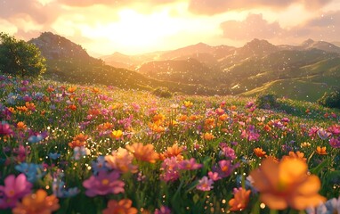 Fototapeta premium A vibrant field filled with colorful flowers in various shades of pink, orange, and blue, set against a stunning sunset over rolling hills, creating a peaceful and enchanting atmosphere.
