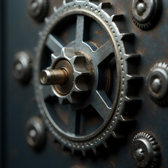 "Close-up view of a highly detailed safe lock mechanism with intricate gears and metallic textures, emphasizing security and financial protection
