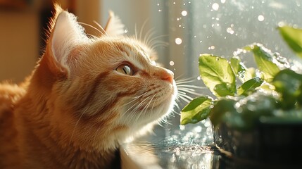 This image features a curious cat gazing at lush greenery while enjoying the sunlight filtering through, creating a vibrant atmosphere that evokes feelings of tranquility and playfulness.