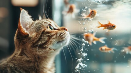 A striped cat gazes intensely at a group of cheerful goldfish swimming behind glass, showcasing its natural curiosity and playful side in a home setting.