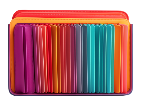 Colorful empty folder stack neatly arranged on png backdrop, symbolizing organization, office efficiency, and document management for business, education, and workspace productivity