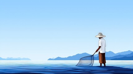 Tranquil Scene of Fisherman in a Hat Casting Nets into Calm Blue Ocean Waters