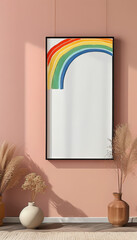 Blank picture frame mock up, elegant rainbow frame empty white canvas hanging on the wall, minimal mockup frame on rainbow wall, modern interior, wall art presentation template, Picture frame