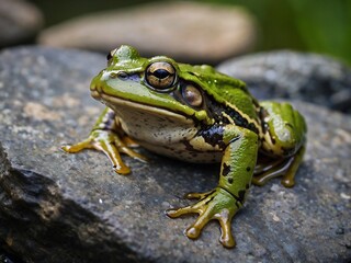 Obraz premium Close-Up of a Green Frog in its Natural Wetland Habitat