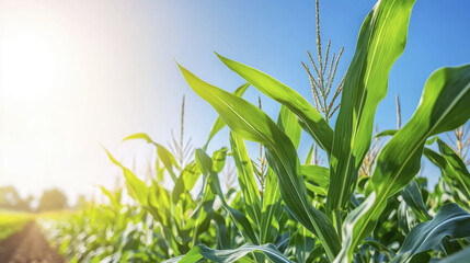 Lush green corn plants growing under bright blue sky, showcasing nature beauty