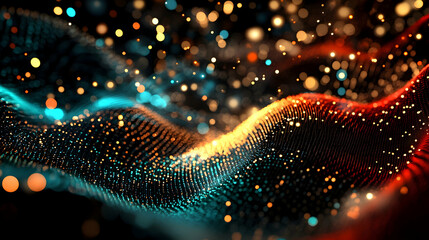 A 3D abstract composition with glowing dots in red, teal, and gold, arranged in a swirling, dynamic formation against a black background