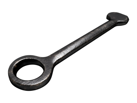 Close up image of a black metal key isolated on transparent background, PNG, cut out