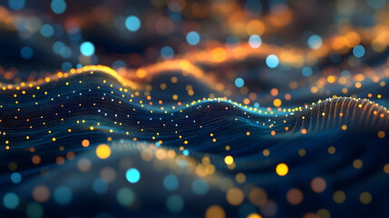 A 3D abstract pattern with translucent, multicolored dots in sky blue, pale yellow, and coral, glowing softly against a dark backdrop