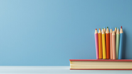 Colorful pencils arranged on book against blue background, creating vibrant and creative atmosphere