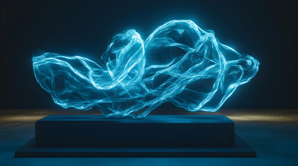 A 3D abstract sculpture with twisting neon cyan wires floating in a void