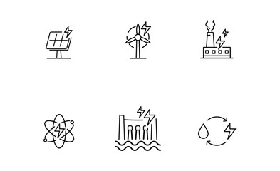 Set of Power plant or Renewable Energy icon, Nuclear Power Plant, Wind Turbines, Ecology, Solar Energy, Hydropower Plant. Outline icon, Editable Stroke