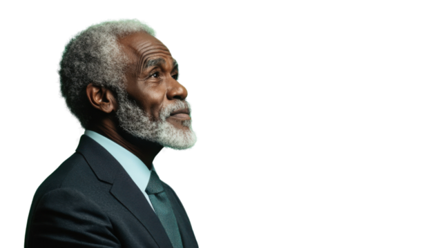 Senior black businessman looking up on transparent background