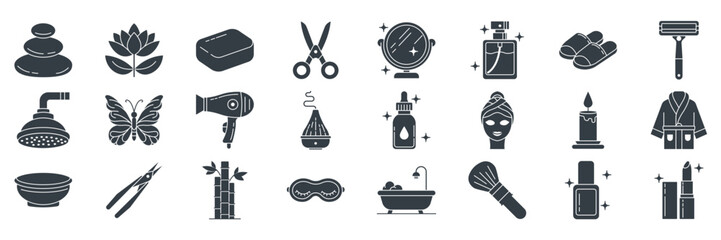 Beauty and Spa icons set, Included icons as Bamboo, Soap, Feather, Lotus Flower and more symbols collection, logo isolated vector illustration