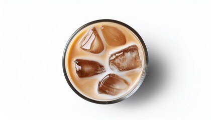 coffee latte cappuccino with ice in glass seen from above on a white background with clipping path included