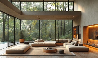 Fototapeta premium Minimalist Modern Living Room Interior Design with Soft Natural Lighting and Elegant Decor