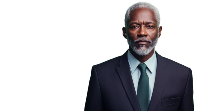 Serious senior businessman looking directly with transparent background
