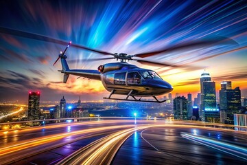 Long Exposure Helicopter Cityscape Night Lights Blurred Motion